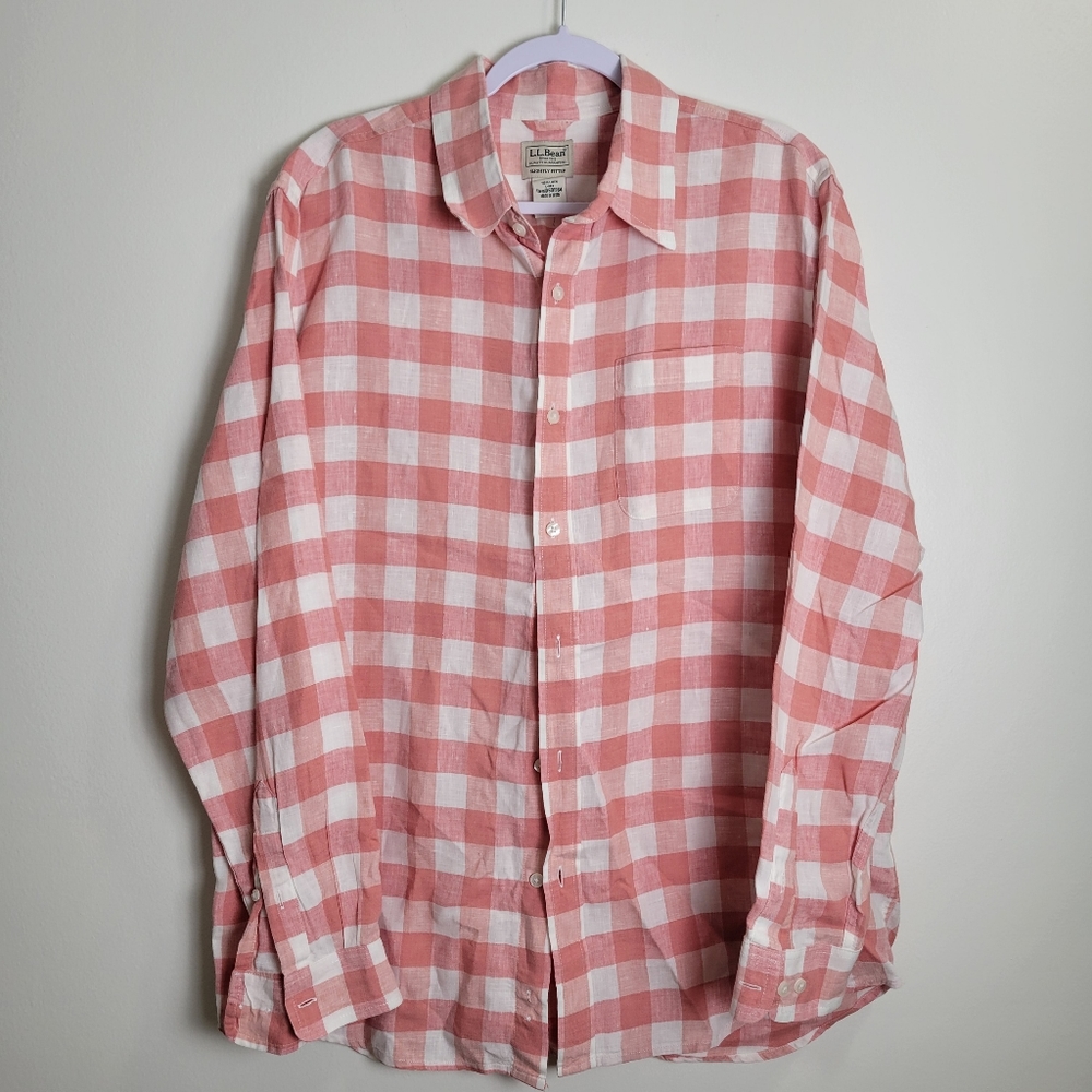 L.L Bean Men's Linen‎ Red Buffalo Check Slightly Fitted Long Sleeve Shirt L